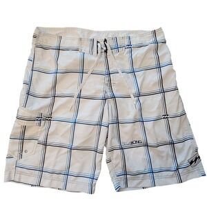 Y2K Billabong Board Shorts Mens 38 White Blue Plaid Cargo Pocket M107ERUS